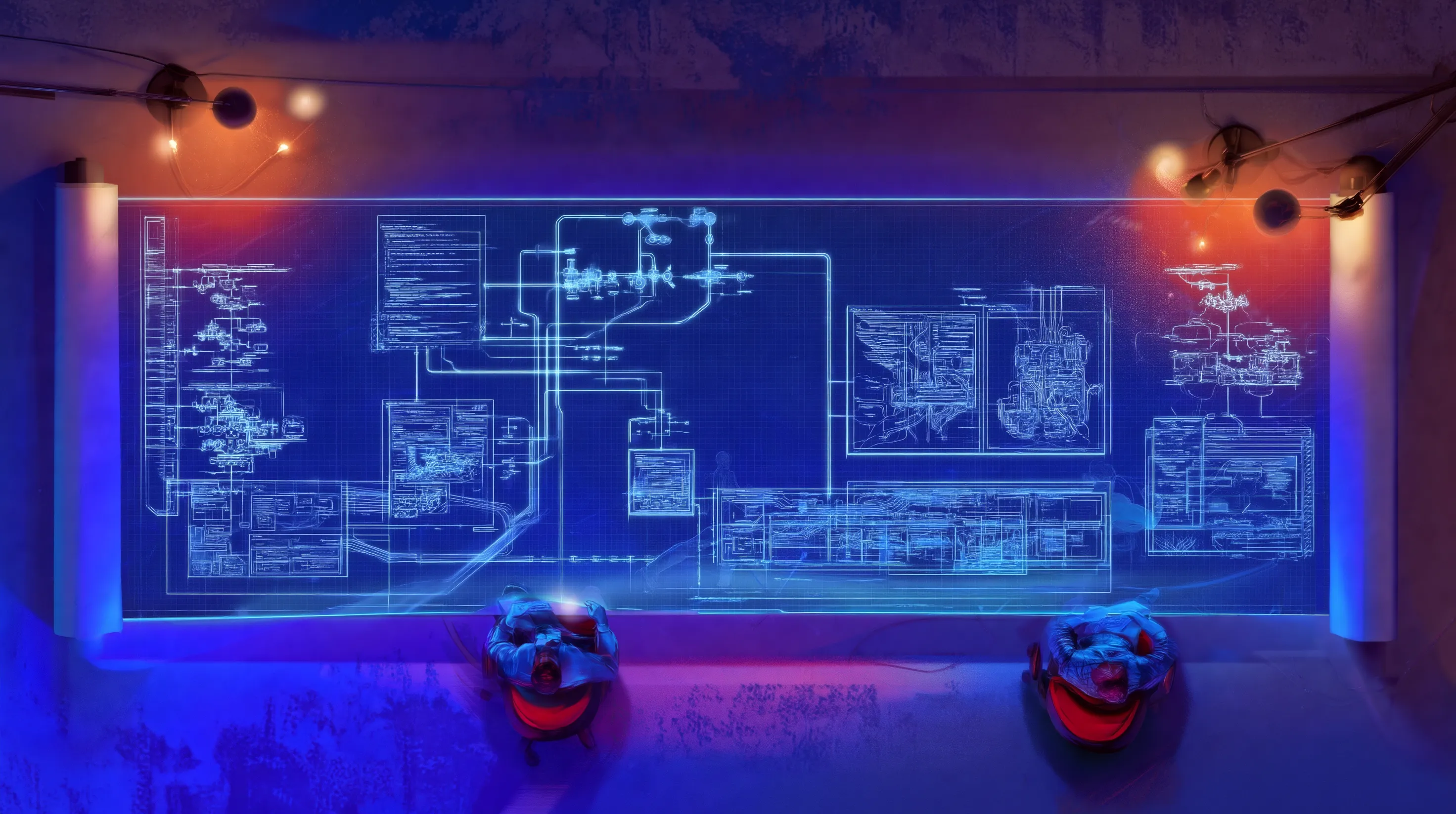 Glowing blueprint wall showing system architecture diagrams