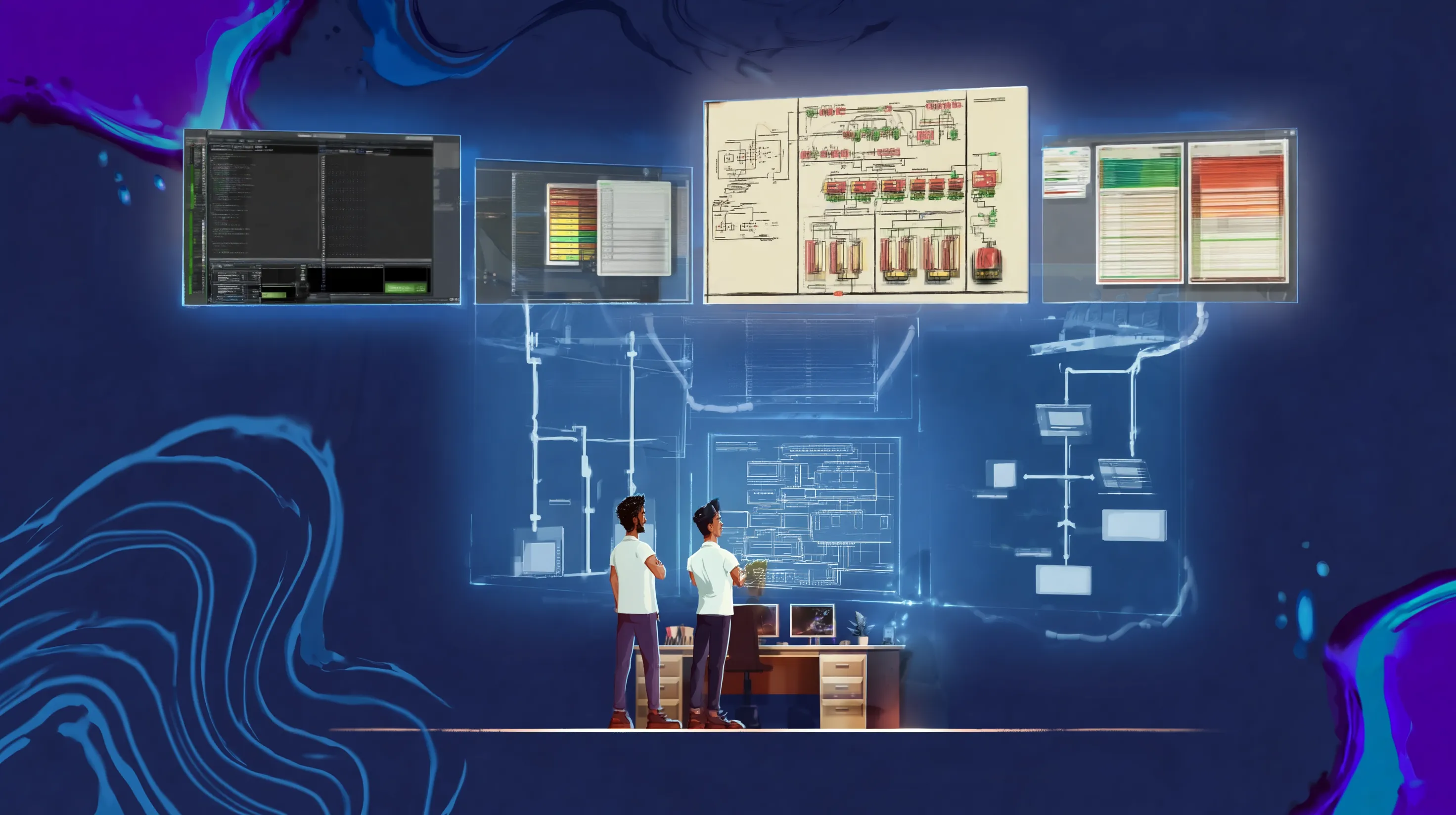Engineers reviewing architecture diagrams and dashboards